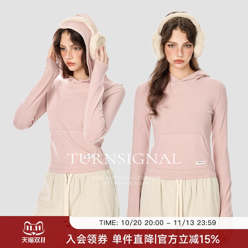 TurnSignal 短款连帽长袖T恤女2026新款休闲修身显瘦打底衫上衣