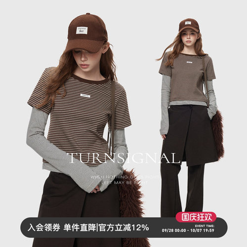 TurnSignal假两件条纹长袖T恤女