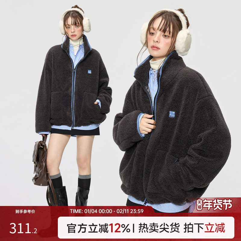 TurnSignal潮牌仿羊羔毛外套女秋冬2025新款宽松保暖立领绒外套