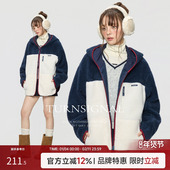 TurnSignal时尚 拼接仿羊羔毛外套女秋冬休闲宽松加厚保暖连帽外套