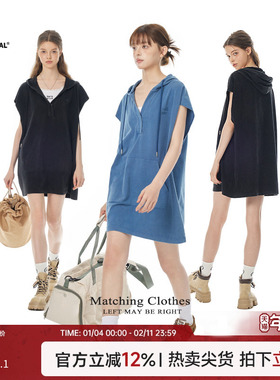 Turn Signal潮牌连帽V领宽松T恤连衣裙女夏季2025新款无袖T恤裙