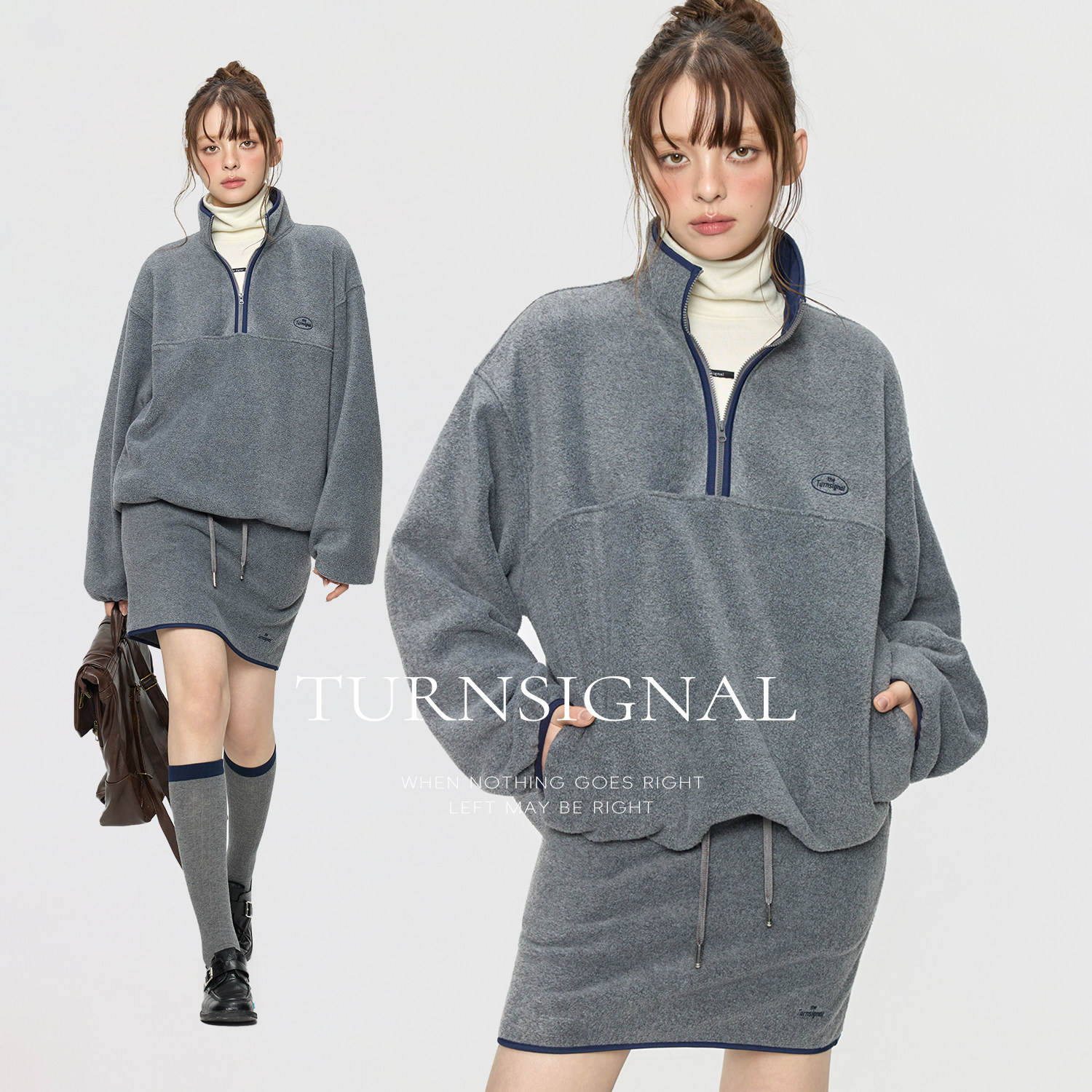 TurnSignal摇粒绒半拉链卫衣短裙半身裙两件套女秋冬时尚休闲套装,女装/女士精品,时尚套装,淘宝优惠券,粉丝福利购,淘宝优惠卷