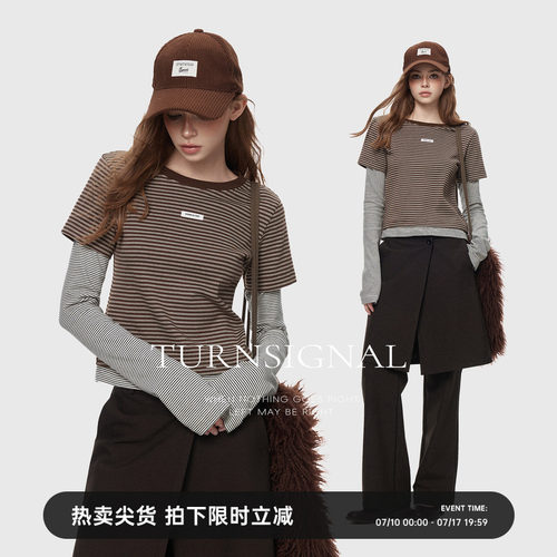 TurnSignal假两件条纹长袖T恤女