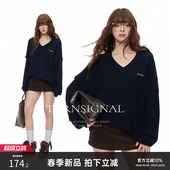 复古宽松休闲可内搭上衣春秋 T恤女2026新款 TurnSignal时尚 v领长袖