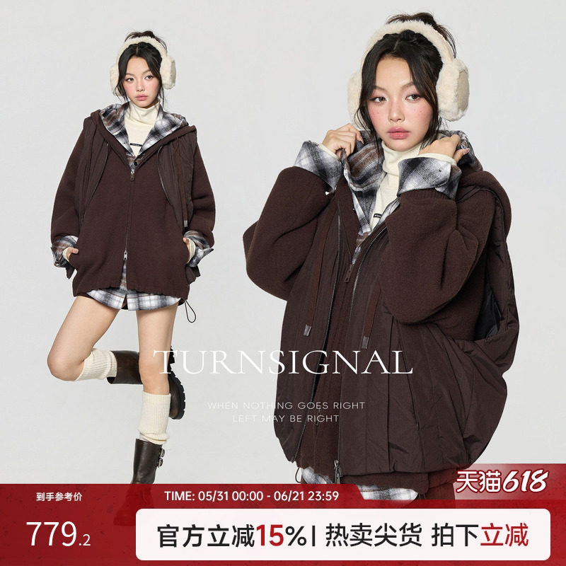 TurnSignal短款连帽毛衣羽绒马甲两件套女冬季加厚外穿马甲外套