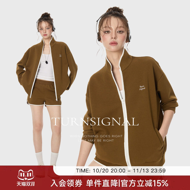 TurnSignal针织拉链外套短裤两件套女春秋季时尚休闲宽松运动套装