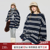 TurnSignal潮牌时尚 条纹卫衣女加绒加厚冬季 休闲宽松百搭套头上衣