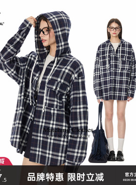 TurnSignal连帽条纹格子衬衫外套女2026新款休闲宽松长袖衬衣上衣