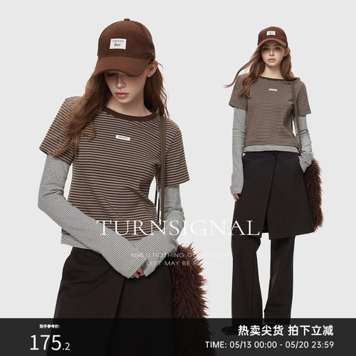 TurnSignal假两件条纹长袖T恤女