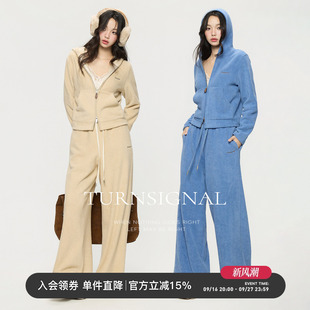 TurnSignal短款针织外套长裤套装女连帽卫衣卫裤休闲运动两件套秋