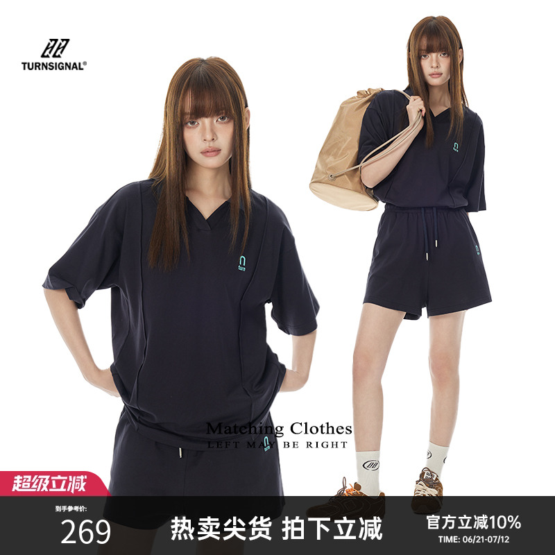 Turn Signal潮牌翻领T恤短裤两件套女2025新款休闲运动套装女夏季