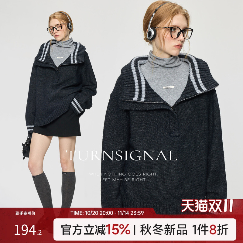 TurnSignal时尚半拉链大翻领毛衣女秋冬2025新款休闲宽松毛衣加厚