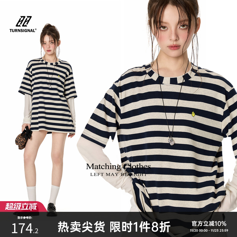 TurnSignal假两件条纹长袖T恤女