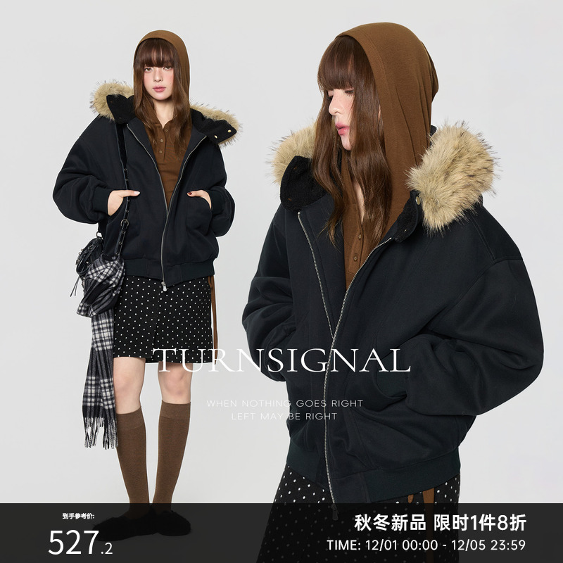 TurnSignal毛领连帽开衫外套