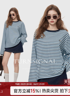 Turn Signal时尚条纹长袖T恤女2026新款复古休闲宽松内搭上衣春秋