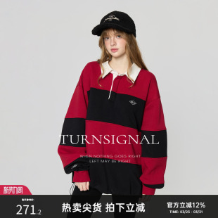TurnSignal时尚 翻领条纹拼接卫衣女加绒加厚冬休闲宽松套头polo领
