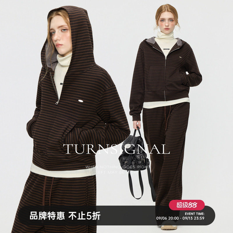 TurnSignal条纹卫衣长裤套装女秋冬2025新款连帽休闲运动两件套