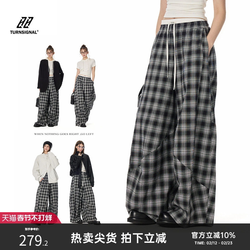 Turnsignal格子休闲阔腿裤女春季2026新款直筒宽松格纹运动长裤秋