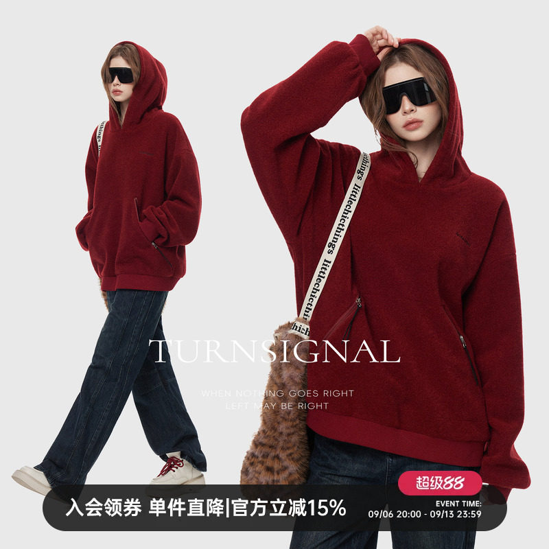 TurnSignal时尚连帽毛呢卫衣女秋冬加厚百搭休闲宽松套头帽衫上衣