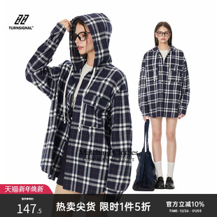 衬衣上衣 休闲宽松长袖 TurnSignal连帽条纹格子衬衫 外套女2025新款