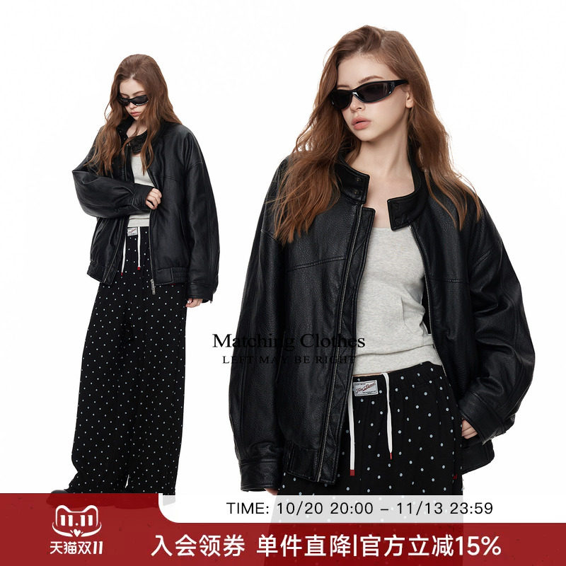 TurnSignal潮牌立领PU皮衣羽绒服女冬机车风休闲宽松保暖羽绒外套