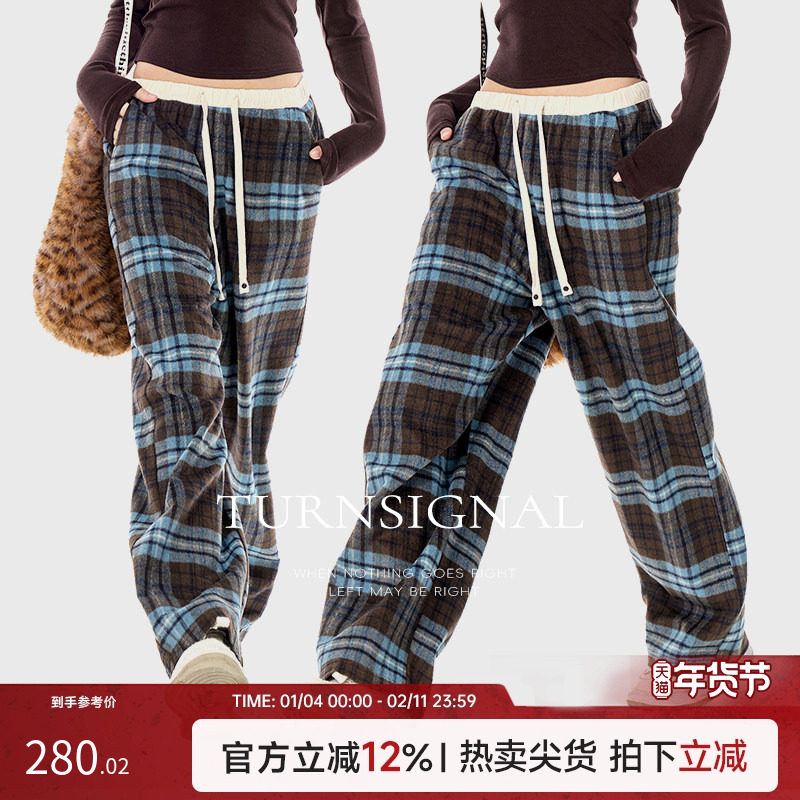TurnSignal潮牌格子羊毛阔腿休闲裤女春秋复古宽松直筒呢子长裤子,女装/女士精品,休闲裤,淘宝优惠券,粉丝福利购,淘宝优惠卷