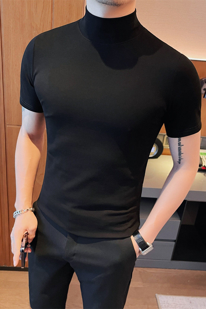5881-特P40男士夏季短袖t恤紧身纯色体恤修身半高领打底衫,男装T恤,电商B333