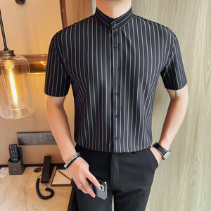 MJ1002-P58 冰丝立领衬衫男士短袖夏季新款时尚休闲条纹短袖衬衣图片