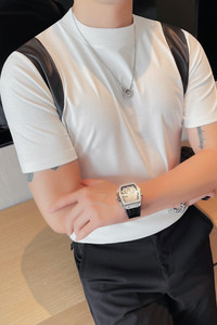 T2409-P48 小中领短袖体恤男士修身贴布半袖打底衫图片