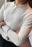 M05-P65秋冬型男潮修身翻领纯色针织打底衫毛衣长袖百搭POLO衫白，男装T恤，电商B333