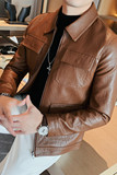 JK108-P130秋冬男修身皮衣型男翻领拉链皮夹克外套咖啡色，男装夹克，电商B333