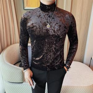 7911-特P40 半高领金丝绒长袖T恤男士秋冬新款 纯色打底衫男图片