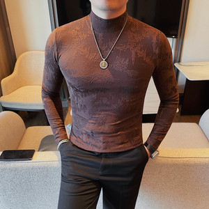 3405-特P40 长袖体恤男士秋冬新款山水画印花半高领打底衫图片