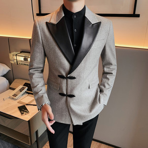 XF1038-P175 厚西装外套男士西服礼服修身休闲 皮领拼接单排扣图片