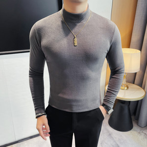 7596-P48 摇粒绒厚体恤男士修身弹力保暖打底衫秋冬季加厚半高领图片