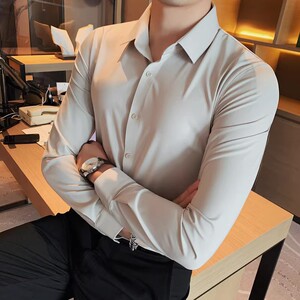 老款继续做1071-P95 高弹无痕压胶长袖衬衫男时尚商务休闲衬衣图片