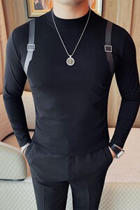 3406-P48 半高领长袖t恤男秋冬季内搭打底衫男士修身纯色中领上衣图片