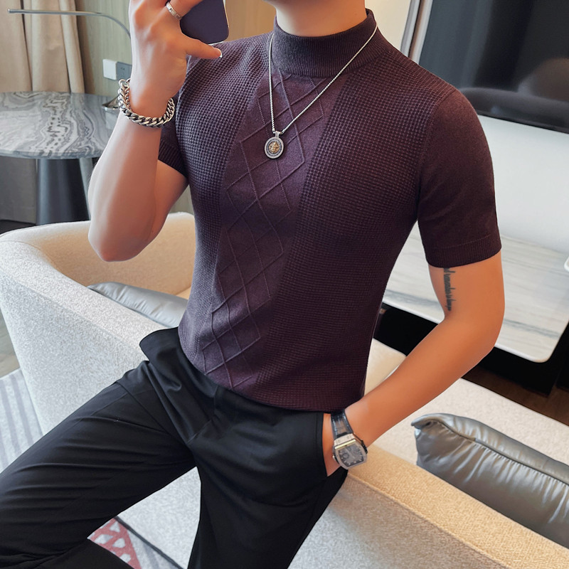0825-P58短袖半高领毛衣男士韩版潮半袖T恤修身条纹针织打底线衫,男装T恤,电商B333