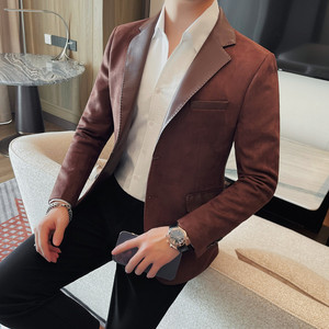 23650-P155 领子拼接皮 单西男士纯色 两粒单排扣商务休闲西服图片