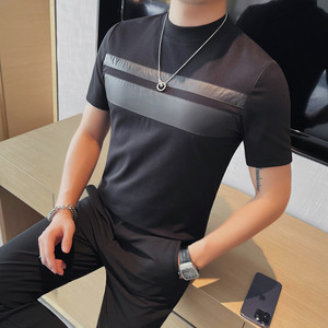 T2407-P48 小中领短袖体恤男士 修身贴布半袖打底衫图片