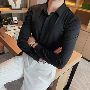 1072-P95 弹力无痕压胶坠感丝滑长袖衬衫男修身衬衣图片