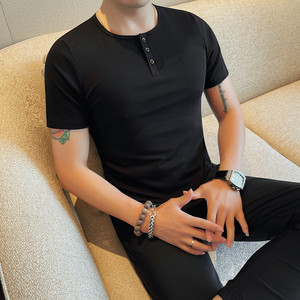 7708-特P40 68 圆领短袖POLO衫男士夏季新款纯色修身打底体恤图片