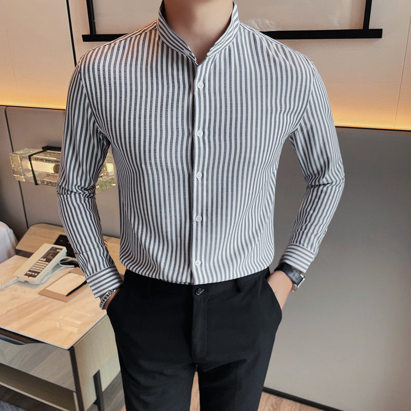 8888-P58条纹长袖衬衣男士立领修身潮流休闲衬衫,男装衬衫,电商B333