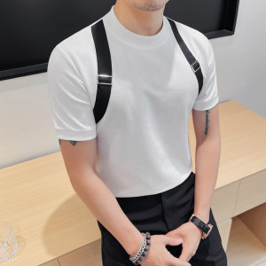 7876-P58 圆领短袖体恤男士夏季新款修身肩带个性拼接 白色T恤图片
