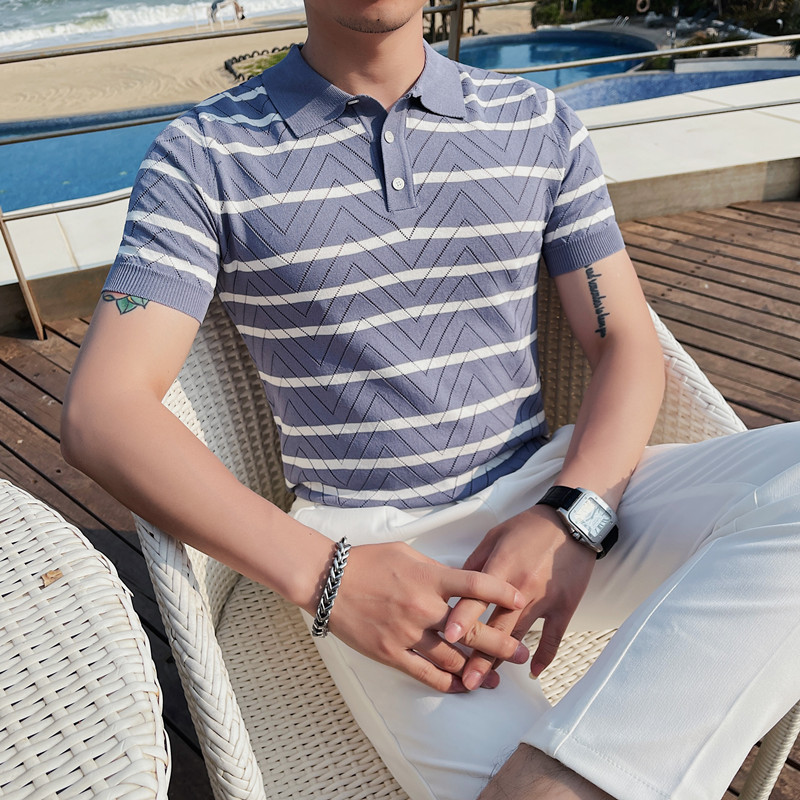 PT25-P58针织冰丝短袖t恤男士夏季翻领修身条纹polo衫,男装T恤,电商B333