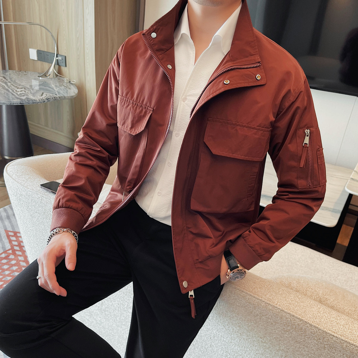 JK1116-P125 夹克外套男士拉链款 立领大口袋上衣纯色外套图片