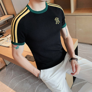 T2206-P65 圆领刺绣撞色针织衫T恤春夏韩版修身套头休闲体恤图片