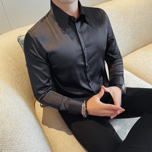 3132-P95 顺滑条纹衬衫男士长袖春秋新款时尚百搭休闲圆领长袖T恤图片