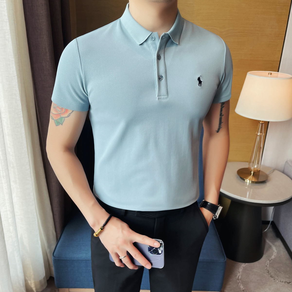 PL3608-P48足球六边形透气网眼刺绣款短袖POLO衫男士翻领夏季T恤,男装Polo衫,电商B333