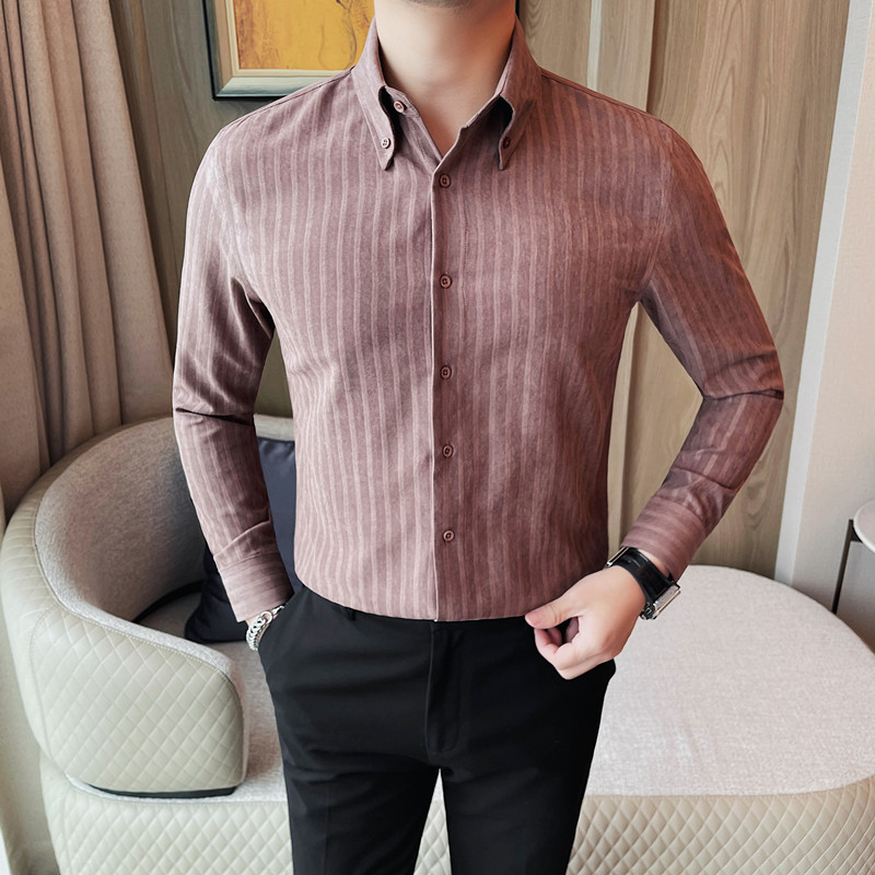 7177-P58 条纹衬衫男士秋冬长袖翻领商务休闲百搭衬衣图片